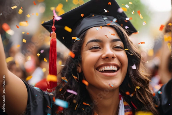 Fototapeta A woman in a graduation cap and gown is smiling and surrounded by confetti