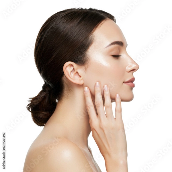Fototapeta Profile shot of a female skincare model touching her face isolated on White background