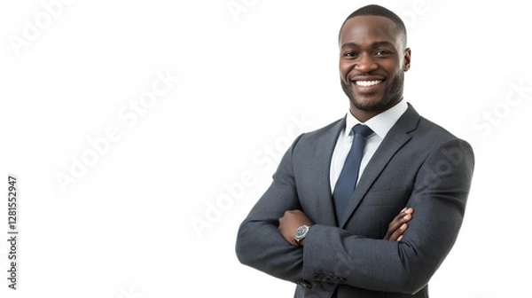 Obraz Confident real estate agent, modern suit, smiling professionally, isolated PNG