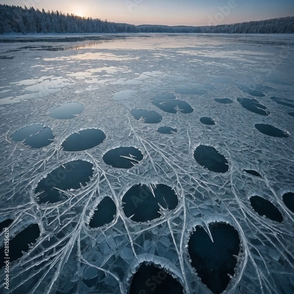 Obraz A magical frozen lake with ice cracks forming intricate patterns.