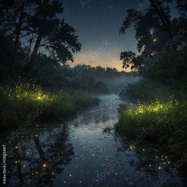 Fototapeta A fog-covered riverbank with fireflies glowing in the distance.