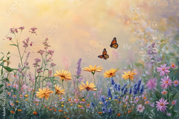 Fototapeta Illustration of a tranquil meadow, dotted with vibrant wildflowers. A gentle breeze causes the flowers to sway, and a few butterflies flutter through the scene, adding life and motion to the peaceful
