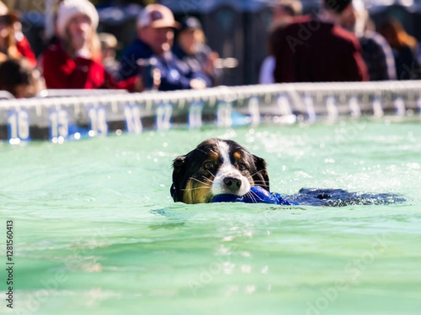 Fototapeta Dog swimming in a pool and retrieving his toy.