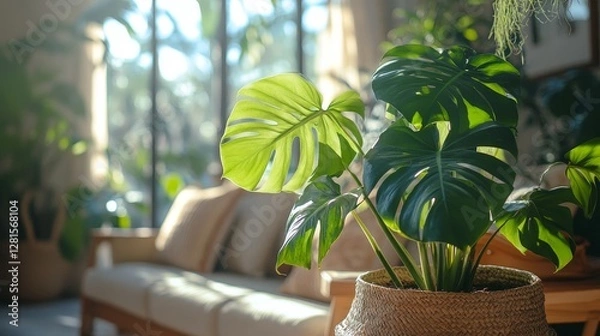 Fototapeta Lush Green Monstera Plant Basking in Sunlight Within a Cozy Living Room Filled With Natural Decorations and Soft Furnishings