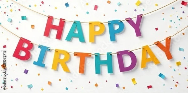 Fototapeta Colorful happy birthday flags banner with confetti on white background, banner, colorful