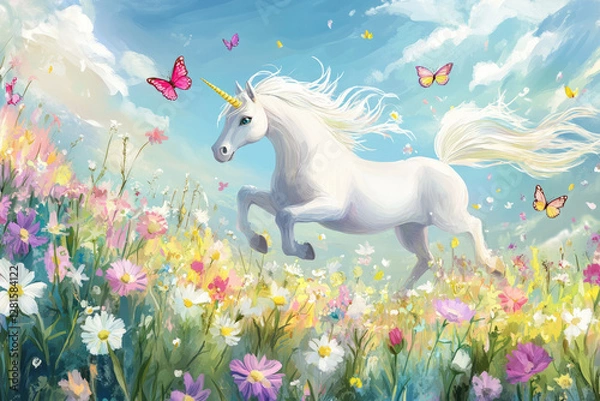 Fototapeta Illustration of a whimsical unicorn prancing through a meadow full of rainbow colored flowers. The unicorn's sparkling mane and tail add to the magical feel of the scene, while butterflies flutter