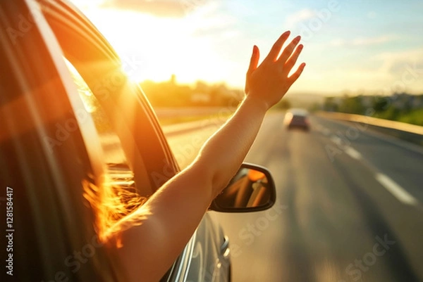 Fototapeta A person extends their arm out of a car window during golden hour, waving as they drive