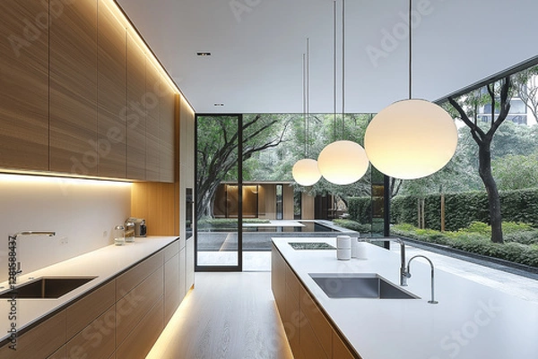 Obraz Modern Minimalist Kitchen with Garden View