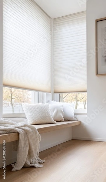 Fototapeta Cozy Corner in a Well-Lit Living Room Featuring Soft Cushions and Sheer Window Blinds, Perfect for Relaxation and Reading on a Peaceful Afternoon