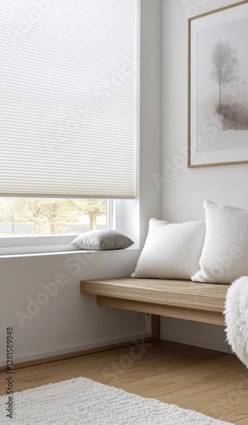 Fototapeta Cozy Corner in a Well-Lit Living Room Featuring Soft Cushions and Sheer Window Blinds, Perfect for Relaxation and Reading on a Peaceful Afternoon