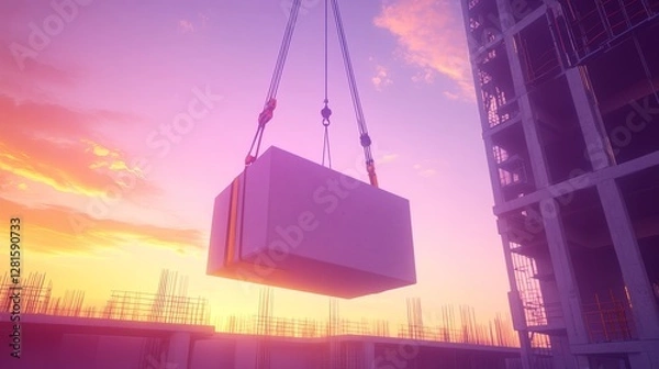 Fototapeta Construction Site at Sunset With Crane Lifting Concrete Block Surrounded by Scaffolding and Beams