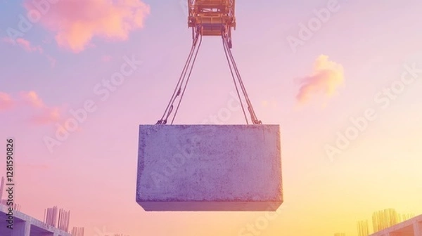 Fototapeta Construction Site at Sunset With Crane Lifting Concrete Block Surrounded by Scaffolding and Beams