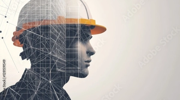 Fototapeta Innovative Construction Worker With Digital Architecture Overlay in Urban Environment Showcasing Modern Engineering Technologies