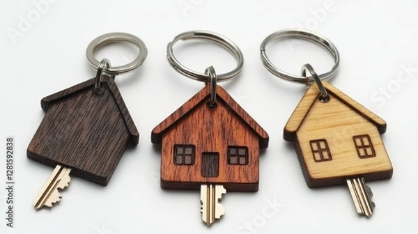 Fototapeta Decorative Wooden Keychains Shaped Like Houses, Ideal for Gifting or Personal Use, Showcasing Craftsmanship and Creativity
