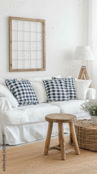 Fototapeta White Living Room with Wooden Accent