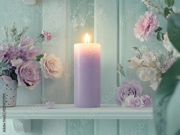 Fototapeta A soft lilac candle glowing on a white shelf with pastel decor and floral arrangements