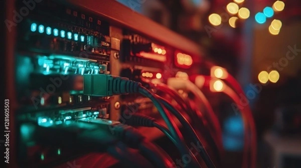 Fototapeta Network Server Rack With Cables Connected