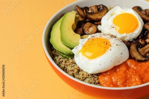 Obraz Colorful bowl featuring poached eggs, avocado, mushrooms, and qu