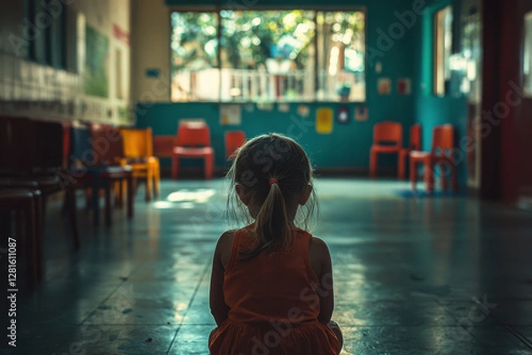 Obraz Child sitting alone in an empty classroom filled with colorful chairs during a quiet afternoon