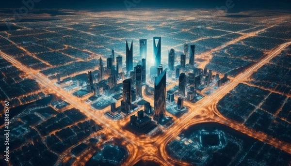 Fototapeta Top view of Riyadh at night modern city illuminated by street lights glowing satellite effect