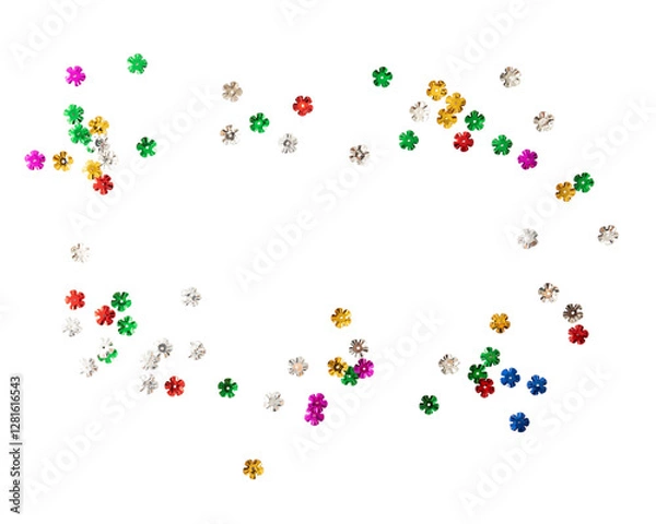 Fototapeta Colorful flower shaped sequins scattered on transparency background create vibrant and playful atmosphere