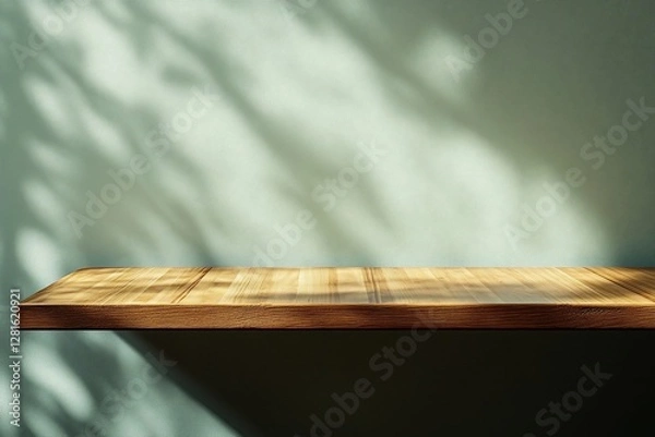 Fototapeta Wooden shelf, sunlight shadows, green wall, product display