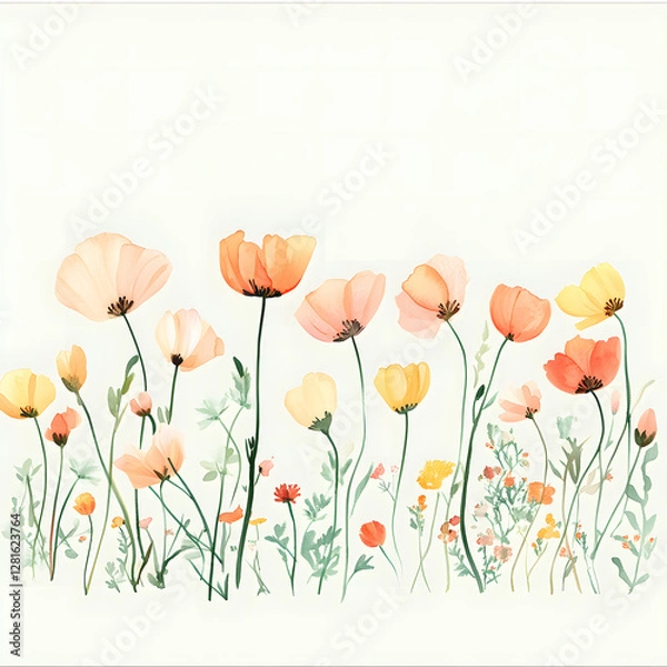 Fototapeta California Poppy horizontal border, with minimal details and a simple illustration. Watercolor botanical banner for the design of invitations, cards, congratulations, announcements, sales, stationery