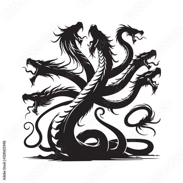 Fototapeta Hydra Silhouette Vector: Fierce Multi-Headed Dragon Design