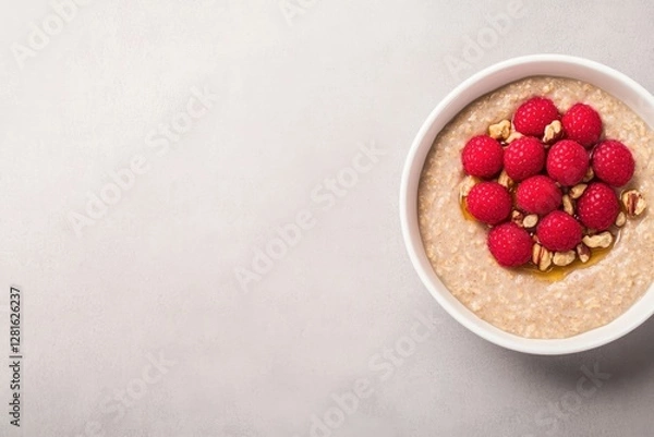 Fototapeta Warm bowl of oatmeal topped with fresh raspberries and nuts, inv