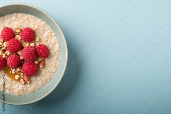 Fototapeta Creamy oatmeal topped with fresh raspberries and crunchy nuts on