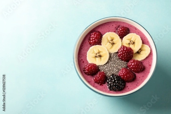 Obraz Colorful smoothie bowl topped with fresh bananas, raspberries, a