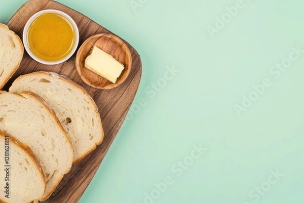 Fototapeta Freshly sliced bread arranged on wooden board with butter and ho
