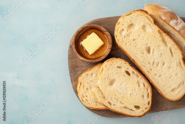 Fototapeta Freshly sliced bread on wooden board with butter and honey in bo