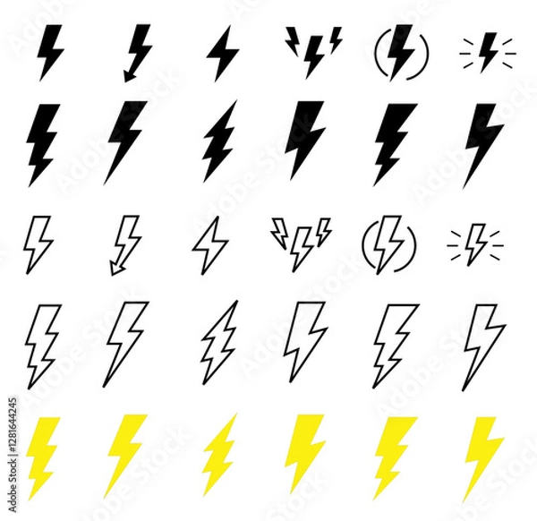 Fototapeta flash thunder power icon set. Flash lightning bolt symbol. Energy power sign, Lightning bolt icons set, black outline of flash lightning bolt icon vector illustration. Energy, power symbol.