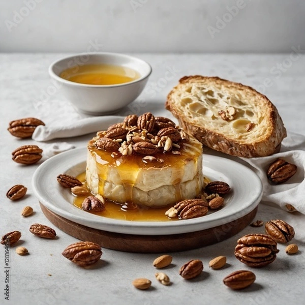 Fototapeta A dish of baked brie with honey and nuts on a white background.