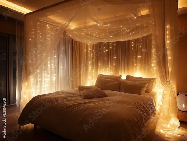 Fototapeta A warm cozy bed adorned with delicate lighting and string lights