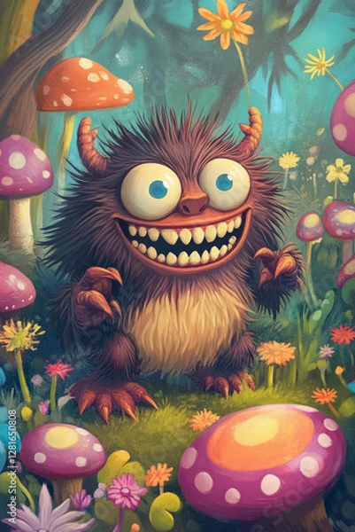 Fototapeta Illustration of a whimsical, wide eyed monster with fuzzy fur and a big toothy grin, sitting in a meadow surrounded by oversized mushrooms and candy colored flowers. The bright colors and friendly