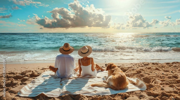 Fototapeta Couple relaxes on a sunny beach with their dog, enjoying a peaceful getaway together. Pet-friendly travel, leisure, and shared moments in nature concept