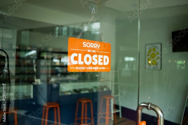 Fototapeta A glass storefront with a "Sorry, We Are Closed" sign hanging on the door, with a blurred background creating a quiet and closed atmosphere