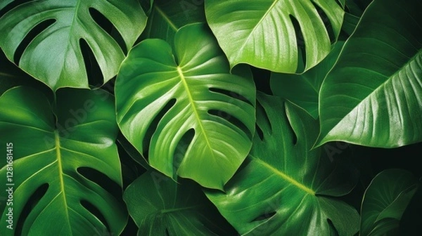 Fototapeta Tropical leaf wallpaper featuring luxurious monstera and banana leaves, seamless pattern design with vibrant greens and rich textures 