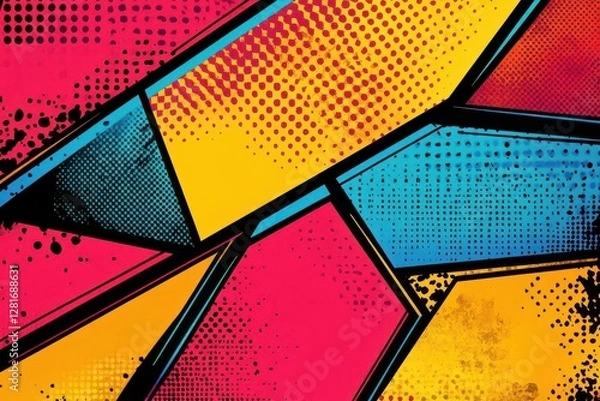 Fototapeta dynamic pop art background with geometric panels in vibrant primary colors bold halftone patterns and comic book style energy lines