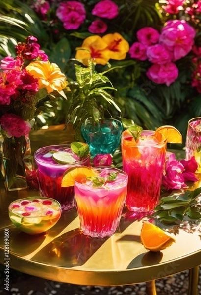 Obraz vibrant beverage arrangements showcasing colorful glassware stunning presentations drinks bright hues, cocktail, barware, mixology, garnishes, soda, juice