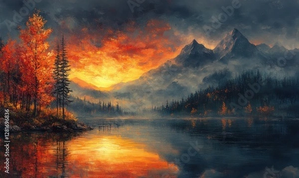 Fototapeta Stunning sunset over a serene lake with autumn foliage and mountains