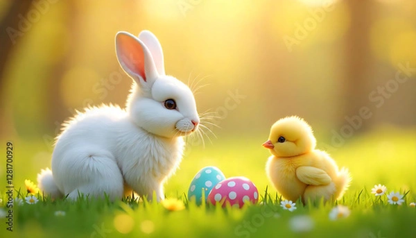 Fototapeta Colorful 3D Easter Illustration Bunny, Chick & Pastel Eggs, an Easter bunny, chick, and decorated eggs nestled in grassy field, Happy Easter Day, spring holiday celebration, created with generative ai
