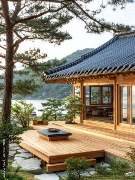 Fototapeta This Japanese style building has a wooden deck for tea ceremonies