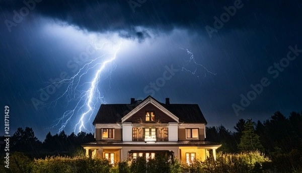 Fototapeta house illuminated during a dramatic thunderstorm at night with heavy rain and lightning strikes