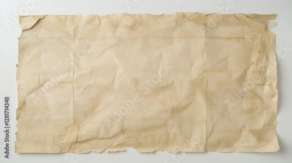 Fototapeta Old torn paper with coffee stains and cracks on white background, vintage parchment texture