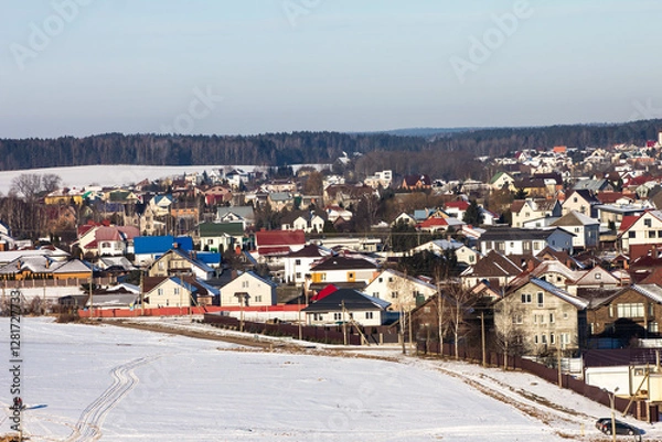 Obraz winter photography of a snowy suburban neighborhood, showcasing snow-covered houses and trees in a peaceful setting, perfect for seasonal marketing and landscape visuals.