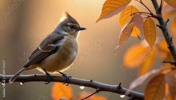 Fototapeta Bird resting on branch during migration, serene autumn morning