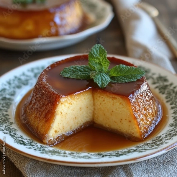 Fototapeta Delicious flan dessert with caramel sauce and mint garnish on rustic table culinary delight food photography
